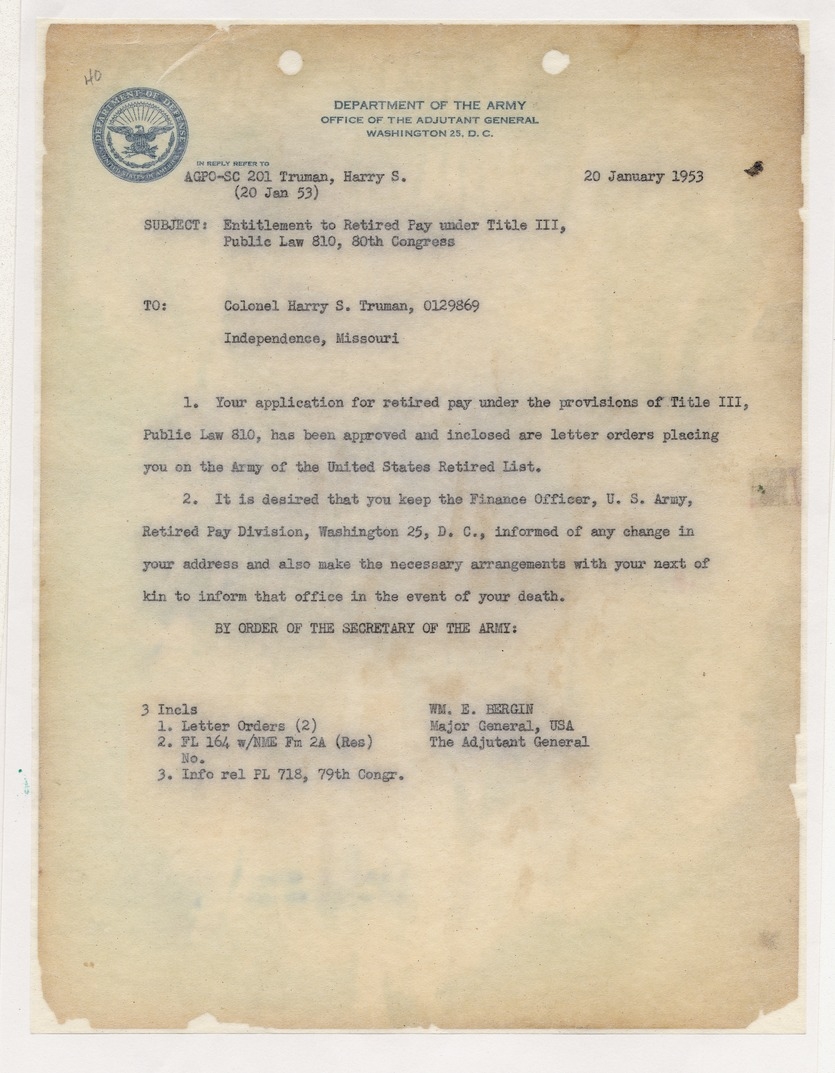 Letter from Major General William E. Bergin to Colonel Harry S. Truman