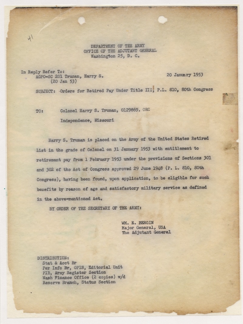 Memorandum from Major General William E. Bergin to Colonel Harry S. Truman