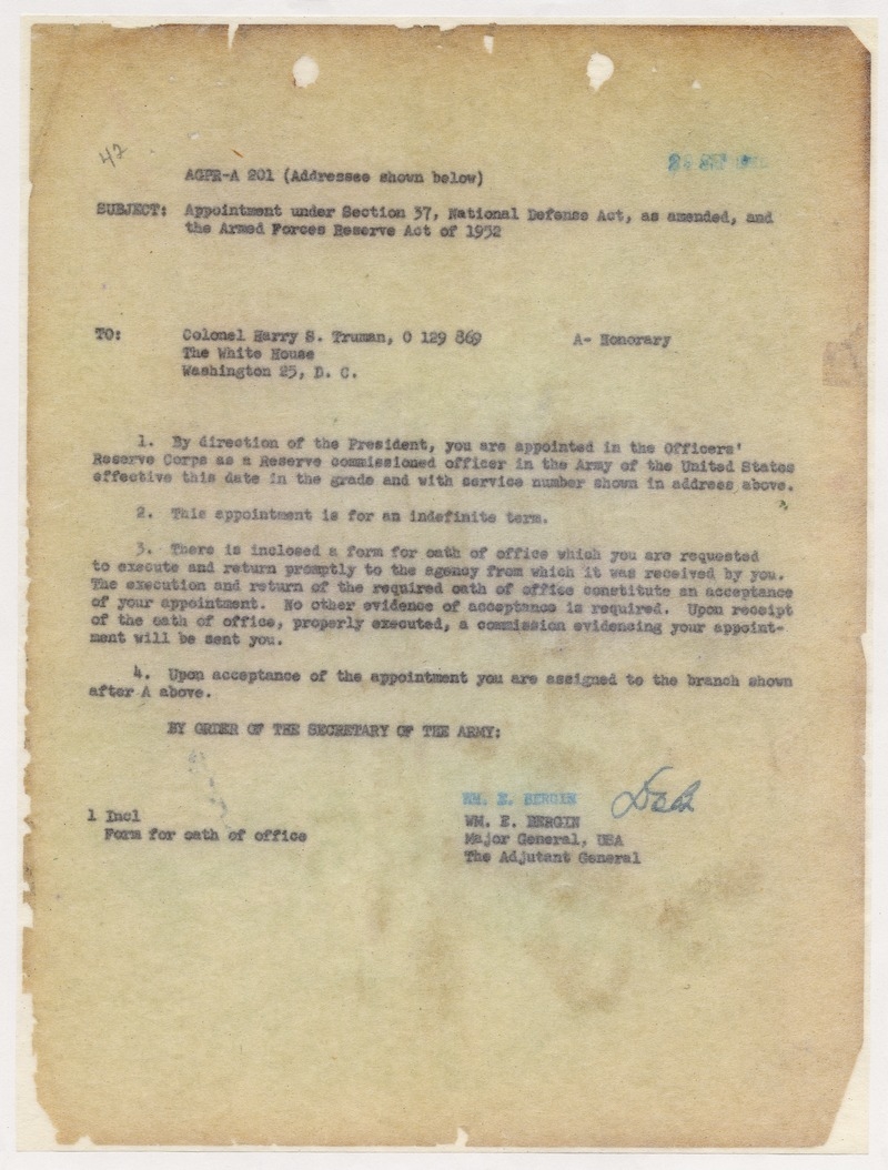 Memorandum from Major General William E. Bergin to Colonel Harry S. Truman