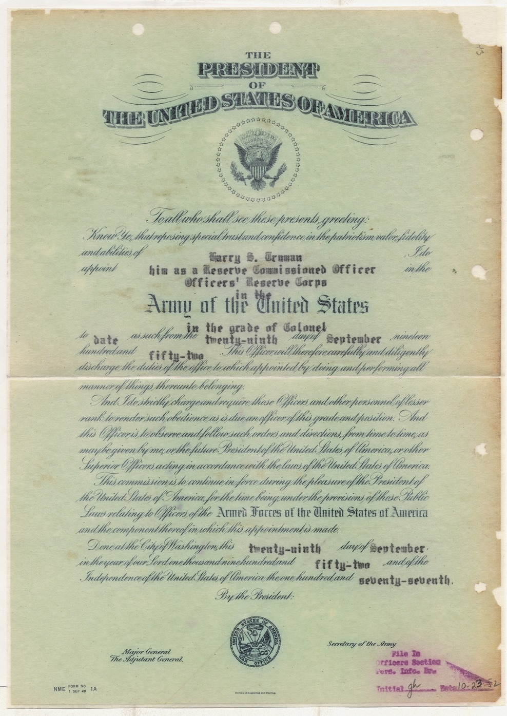 Certificate of Appointment as a Reserve Commissioned Officer in the Officers' Reserve Corps in the Army of the United States for Colonel Harry S. Truman