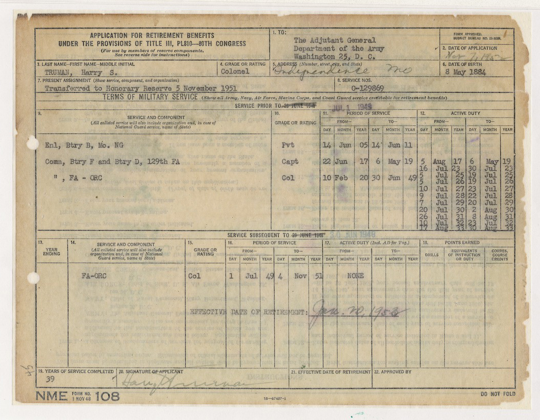 Application for Retirement Benefits for President Harry S. Truman