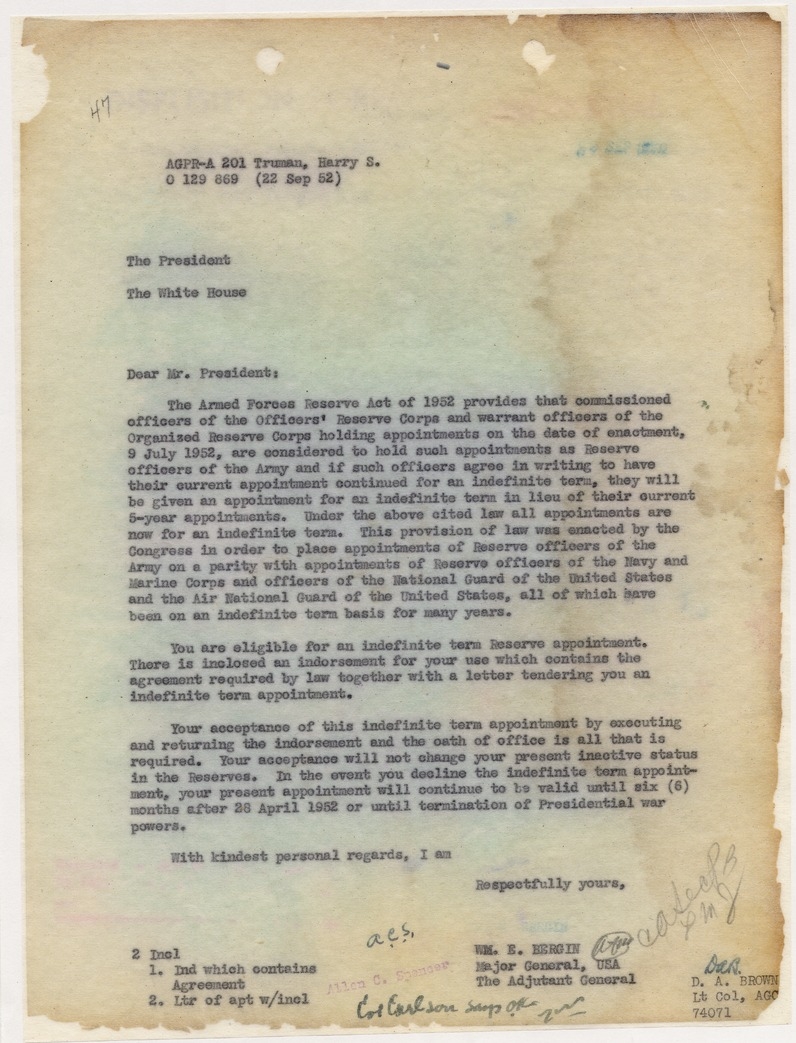 Letter from Major General William E. Bergin to President Harry S. Truman