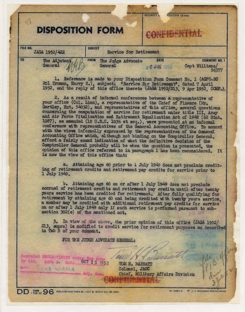 Disposition Form from Colonel Tom H. Barratt to The Adjutant General