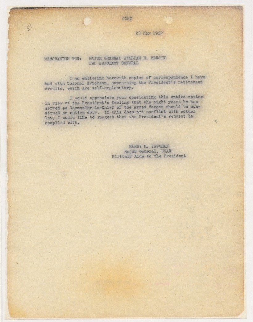 Memorandum from Major General Harry H. Vaughan to Major General William E. Bergin