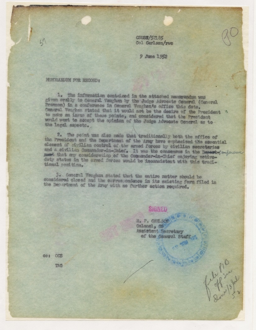Memorandum for the Record from Colonel R. P. Carlson