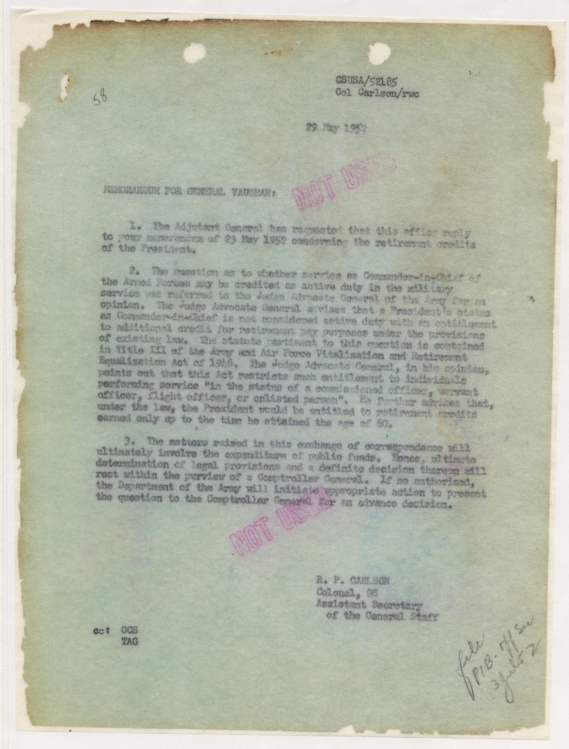Memorandum from Colonel R. P. Carlson to Major General Harry Vaughan