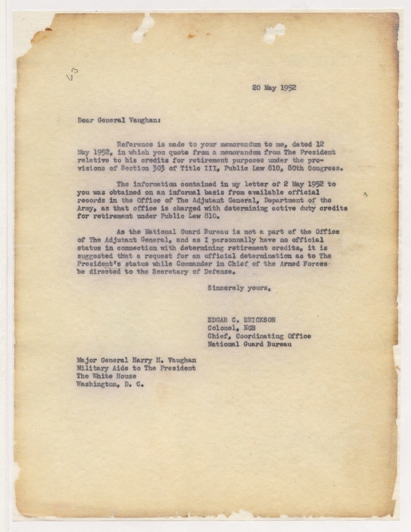 Memorandum from Colonel Edgar C. Erickson to Major General Harry H. Vaughan