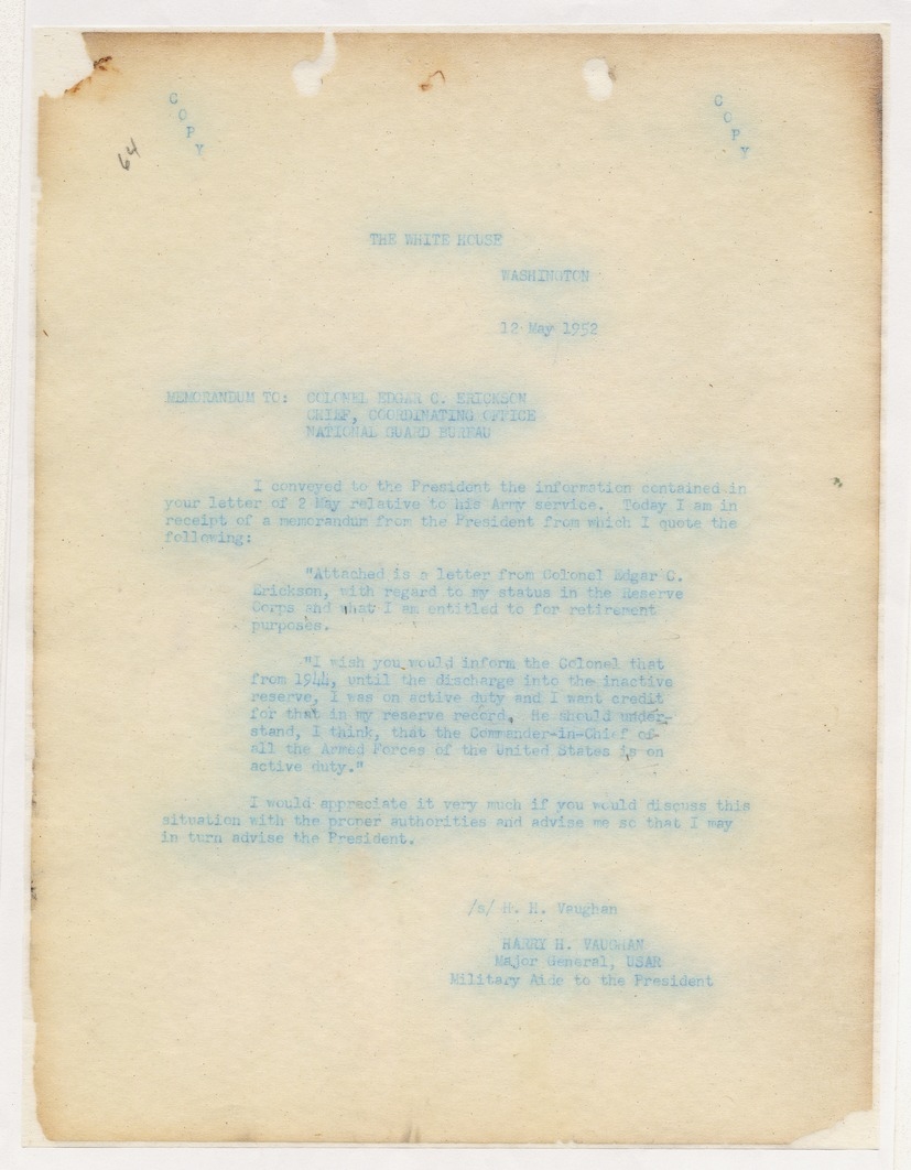 Memorandum from Major General Harry H. Vaughan to Colonel Edgar C. Erickson
