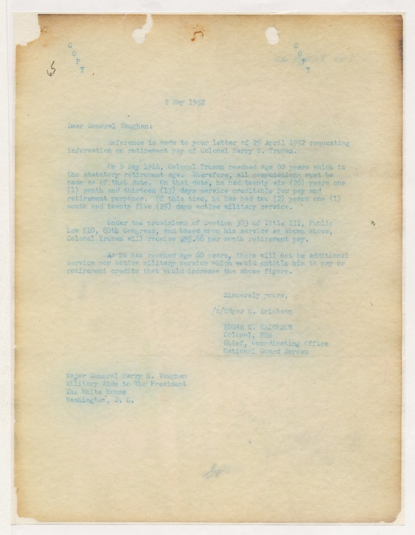 Memorandum from Colonel Edgar C. Erickson to Major General Harry H. Vaughan