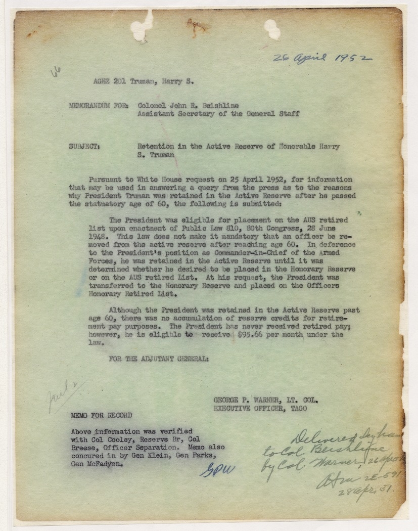 Memorandum from Lieutenant Colonel George P. Warner to Colonel John R. Beishline