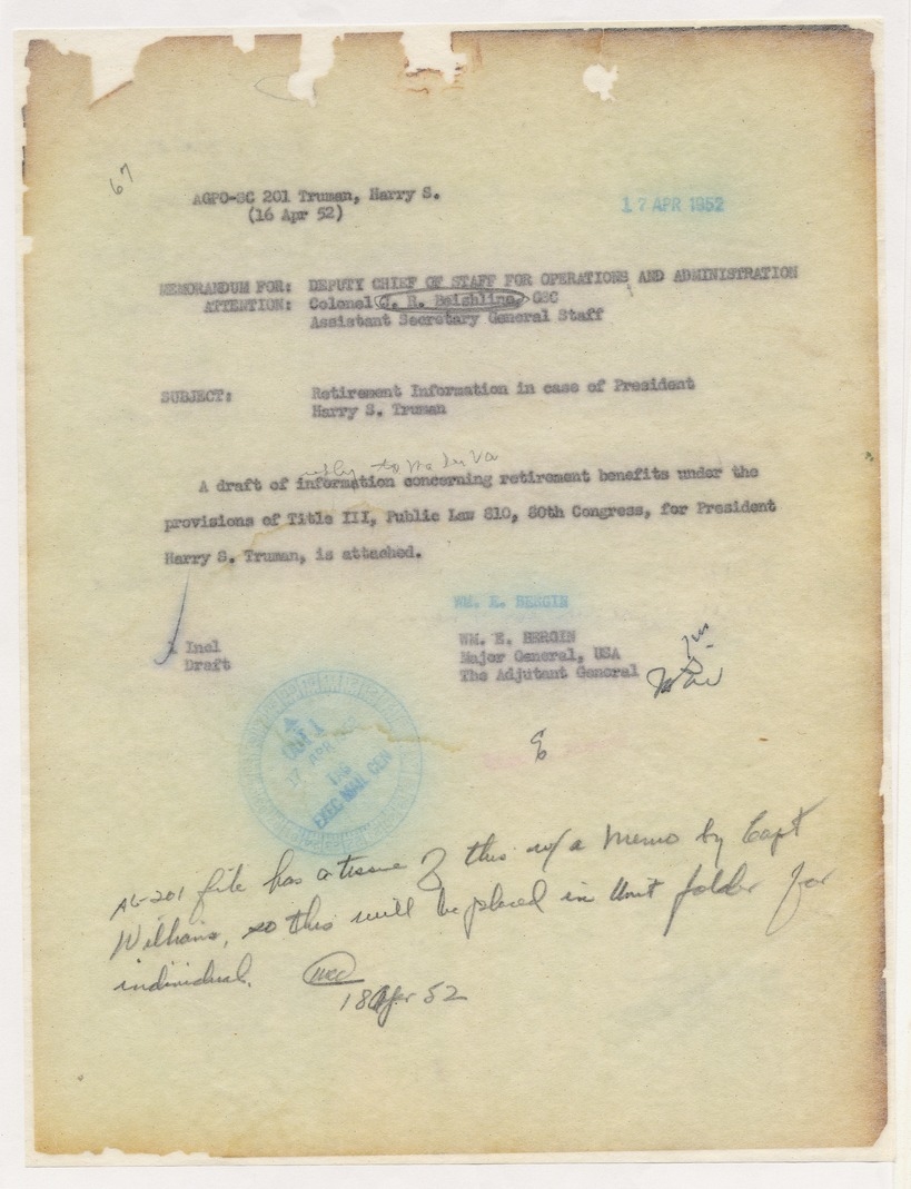 Memorandum from Major General William E. Bergin to Colonel J. R. Beishline