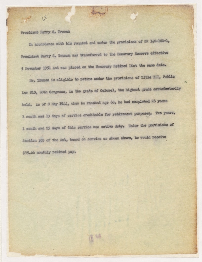 Draft Memorandum Regarding Military Retirement of President Harry S. Truman