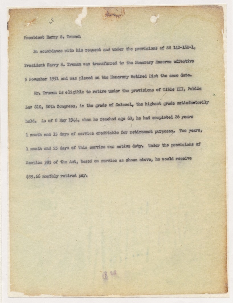 Draft Memorandum Regarding Military Retirement of President Harry S. Truman