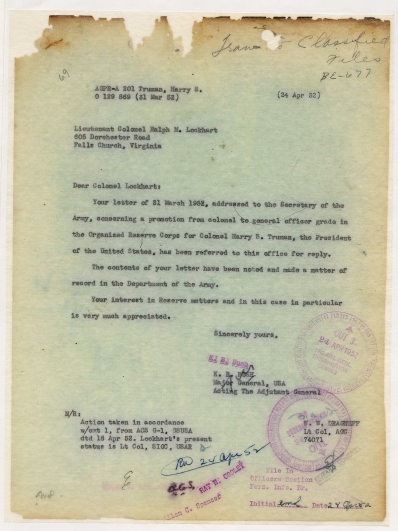 Memorandum from Major General K. B. Bush to Lieutenant Colonel Ralph M. Lockhart