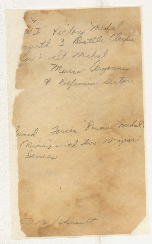 Handwritten Note Regarding World War I Victory Medal and Armed Forces Reserve Medal