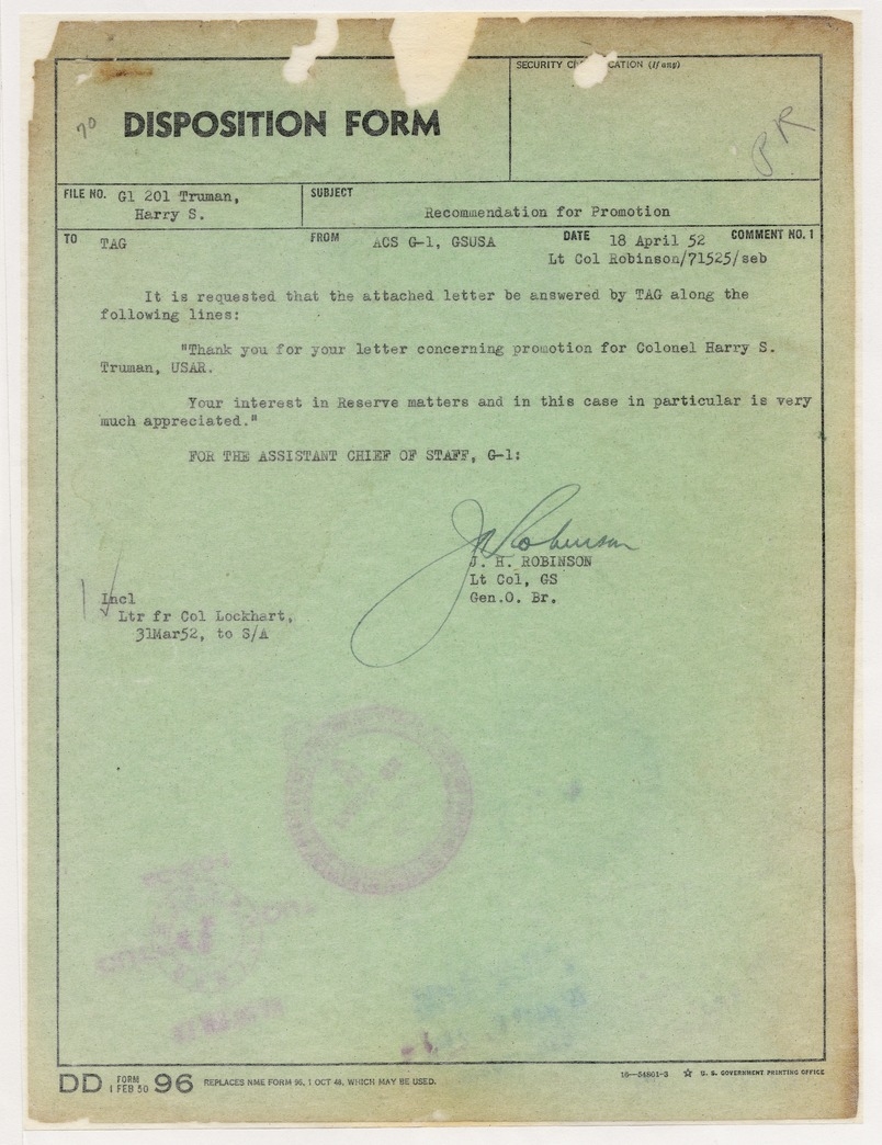 Disposition Form from Lieutenant Colonel J. H. Robinson to the Adjutant General