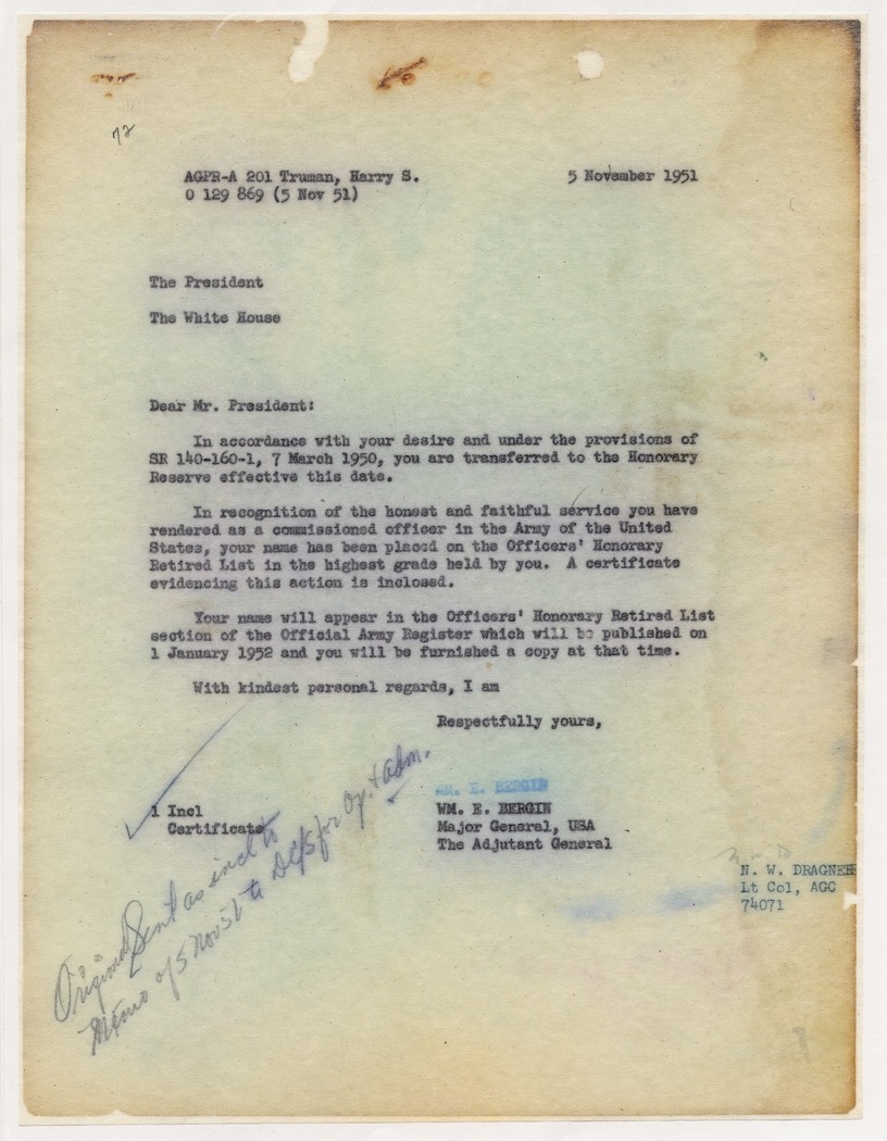 Memorandum from Major General William E. Bergin to President Harry S. Truman