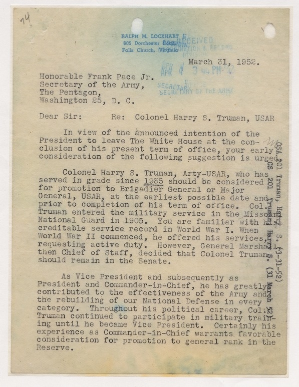 Letter from Ralph M. Lockhart to Secretary of the Army Frank Pace, Jr.