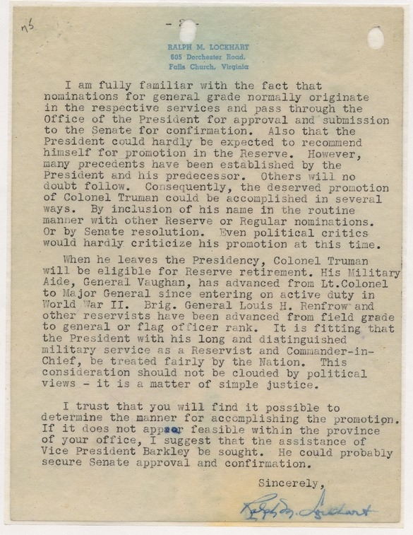 Letter from Ralph M. Lockhart to Secretary of the Army Frank Pace, Jr.