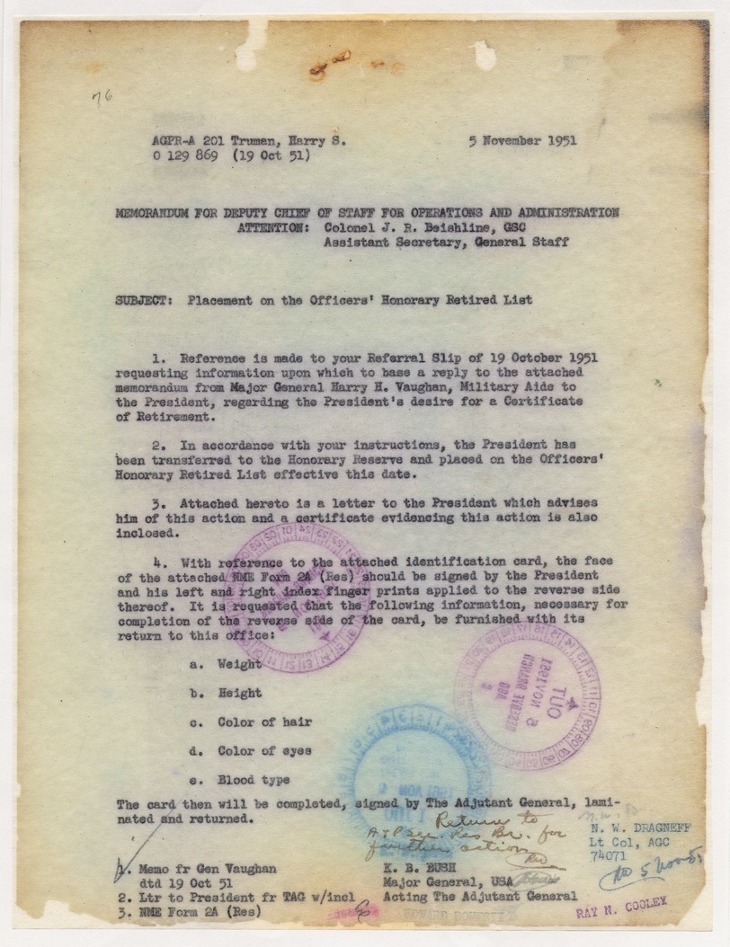 Memorandum from Maj. Gen. K. B. Bush to Col. J. R. Beishline re: Placement on the Officers' Honorary Retired List for President Harry S. Truman