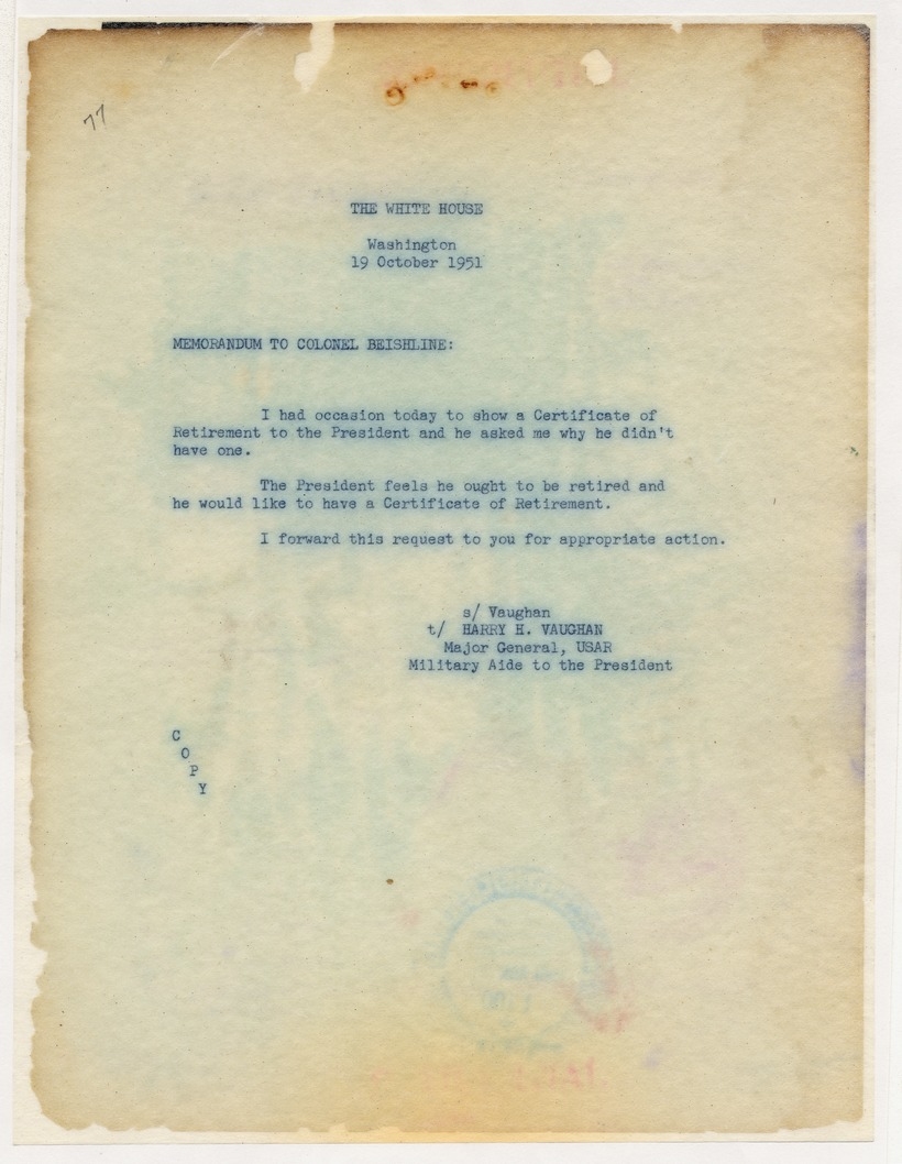 Memorandum from Major General Harry H. Vaughan to Colonel Beishline