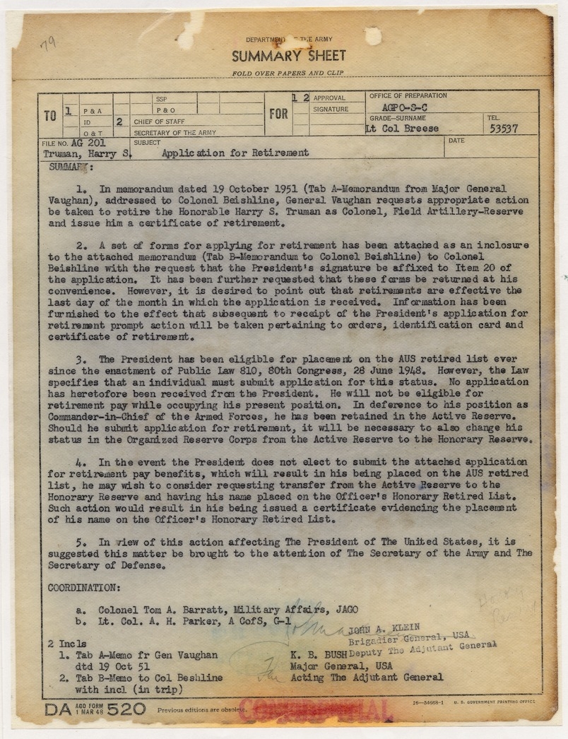 Memorandum from Lieutenant Colonel Peter Peters to Chief of Staff with Attached Memorandum and Retirement Application of President Harry S. Truman