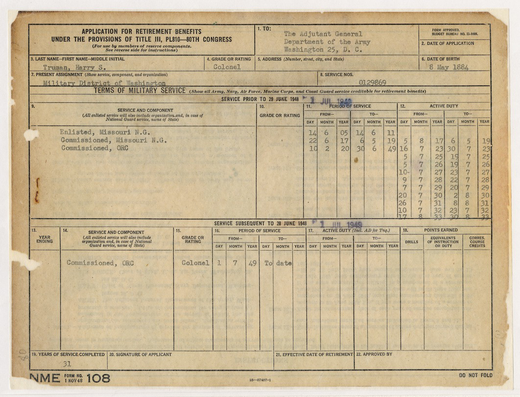 Memorandum from Lieutenant Colonel Peter Peters to Chief of Staff with Attached Memorandum and Retirement Application of President Harry S. Truman