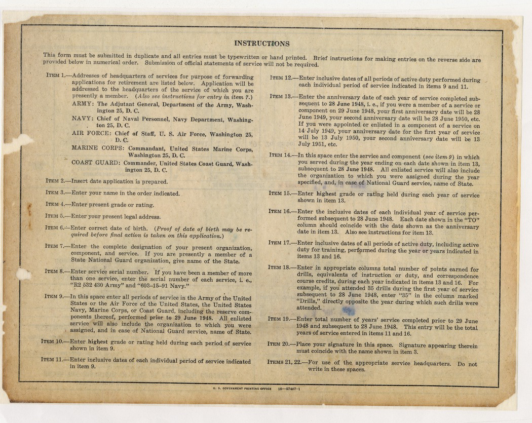 Memorandum from Lieutenant Colonel Peter Peters to Chief of Staff with Attached Memorandum and Retirement Application of President Harry S. Truman