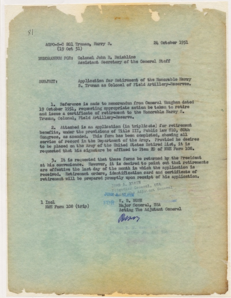 Memorandum from Major General K. B. Bush to Colonel John R. Beishline