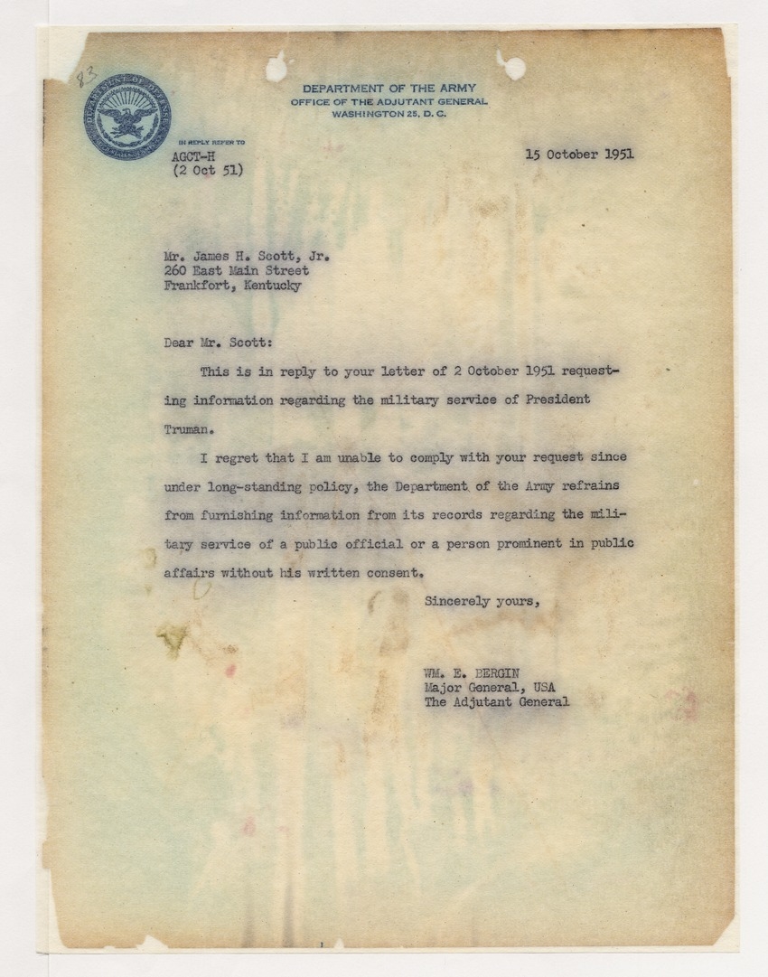 Letter from Major General William E. Bergin to James H. Scott, Jr.