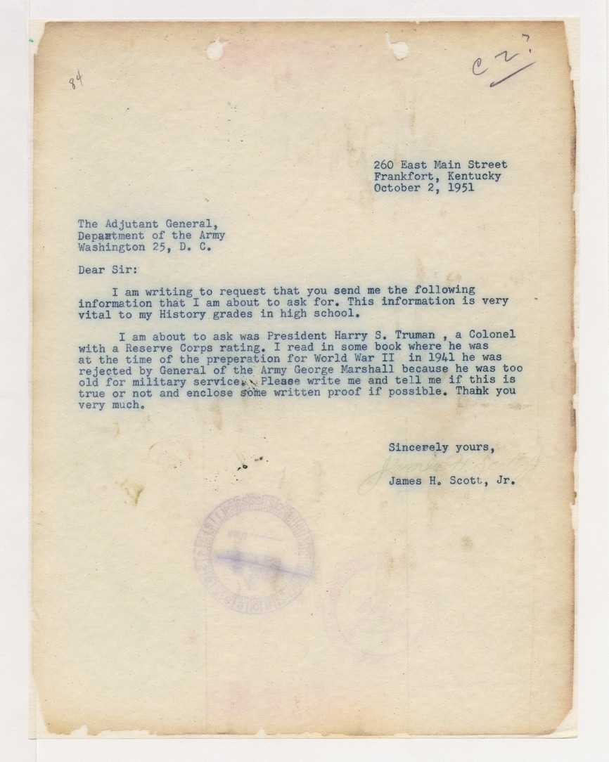 Letter from James H. Scott, Jr., to The Adjutant General, Department of the Army