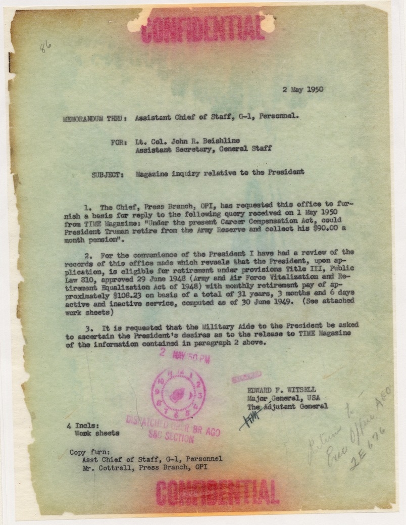 Disposition Form from E. J. Cottrell to Office of the Adjutant General for Time Magazine Question Regarding President Harry S. Truman and Career Compensation Act, with Attachments