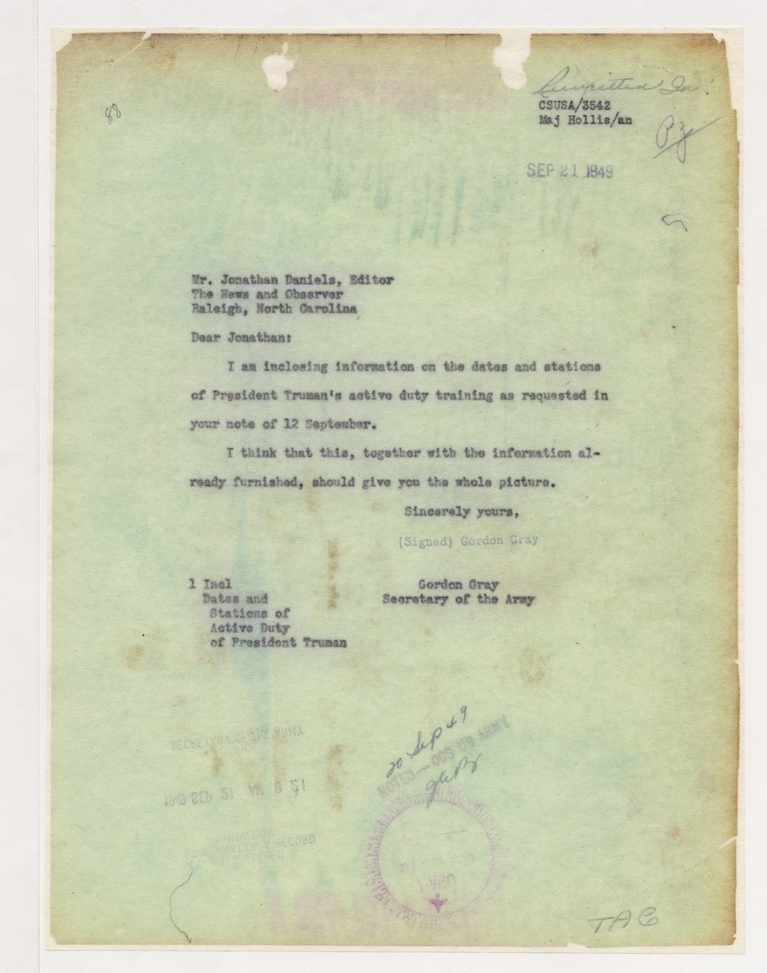 Letter from Secretary of the Army Gordon Gray to Jonathan Daniels