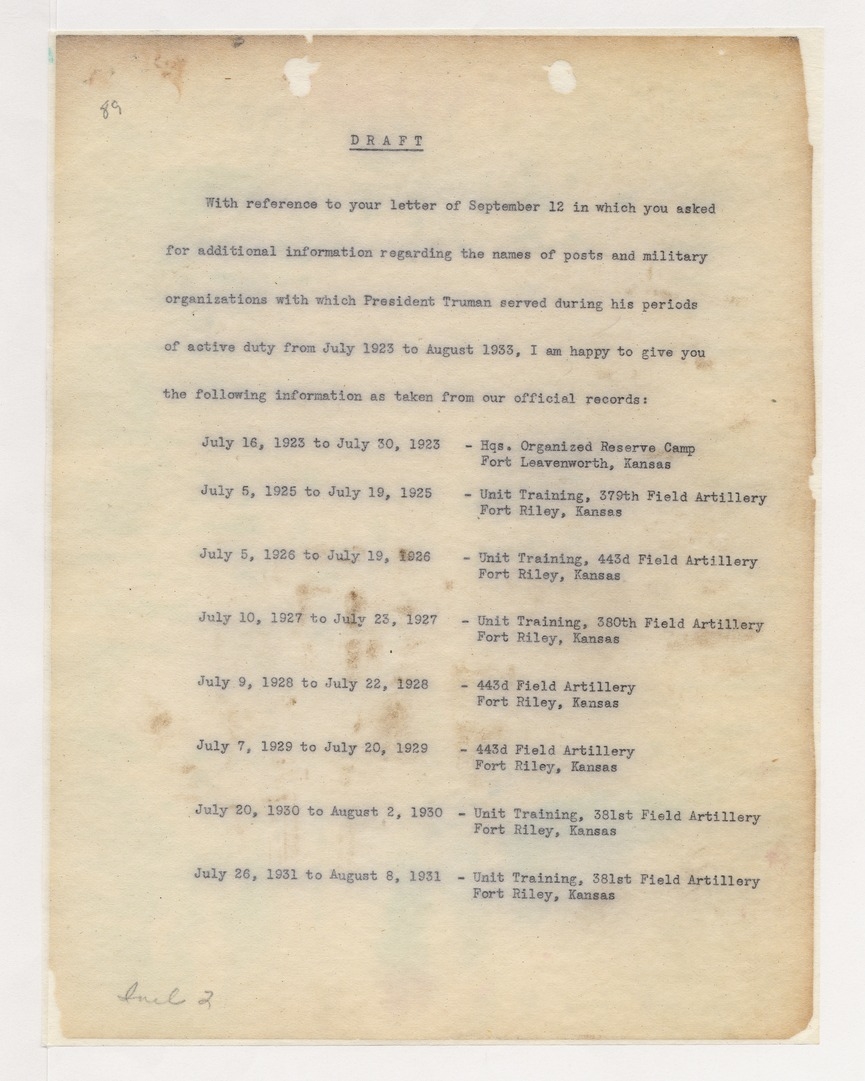 Draft Report Listing President Harry S. Truman's Military Service Time