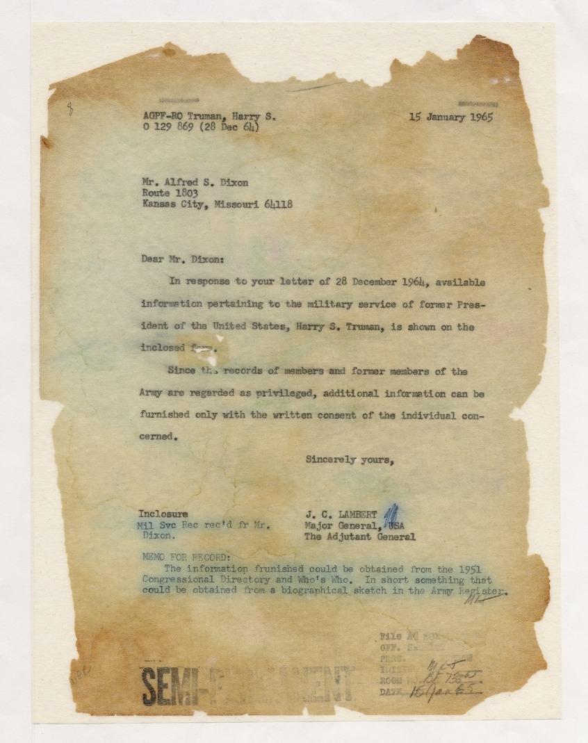 Letter from Major General J. C. Lambert to Mr. Alfred S. Dixon