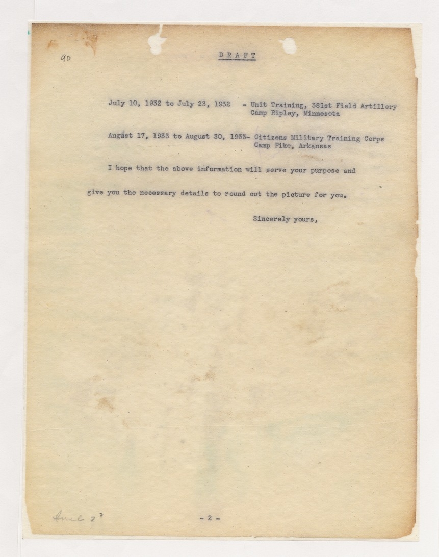 Draft Report Listing President Harry S. Truman's Military Service Time