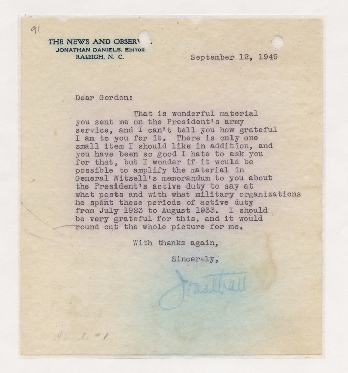 Letter from Jonathan Daniels to Secretary of the Army Gordon Gray