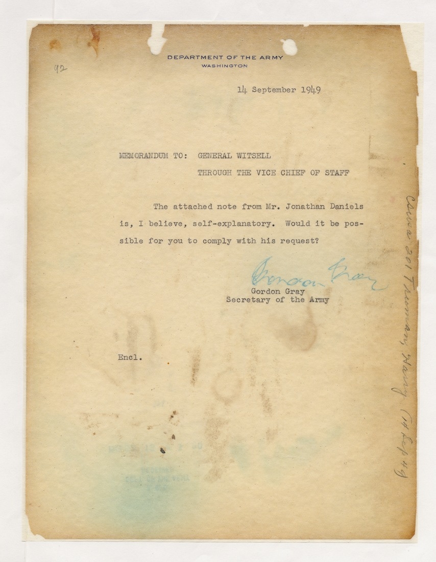 Memorandum from Secretary of the Army Gordon Gray to Major General Edward F. Witsell