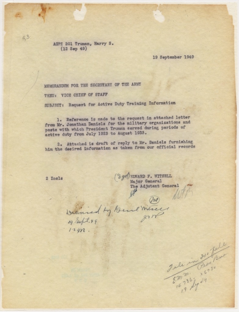 Memorandum from Major General Edward F. Witsell to Secretary of the Army Gordon Gray