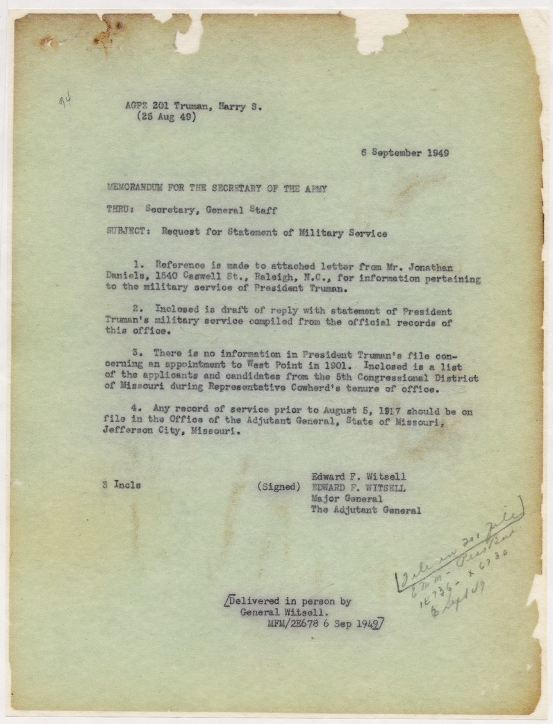 Memorandum from Major General Edward F. Witsell to Secretary of the Army Gordon Gray