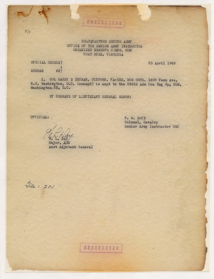 Special Orders Number 66: Reassignment of President Harry S. Truman