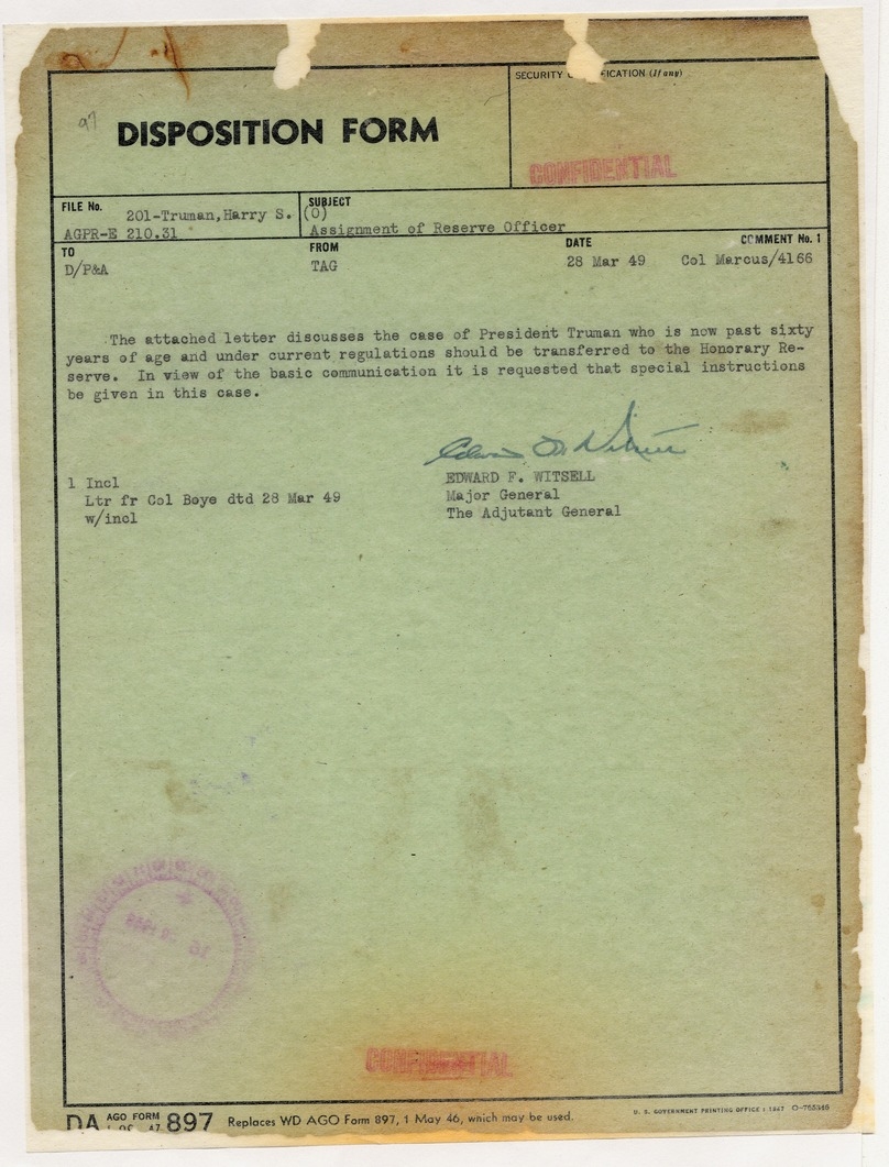 Disposition Form from Major General Edward F. Witsell with Attached Correspondence from Colonel F. W. Boye
