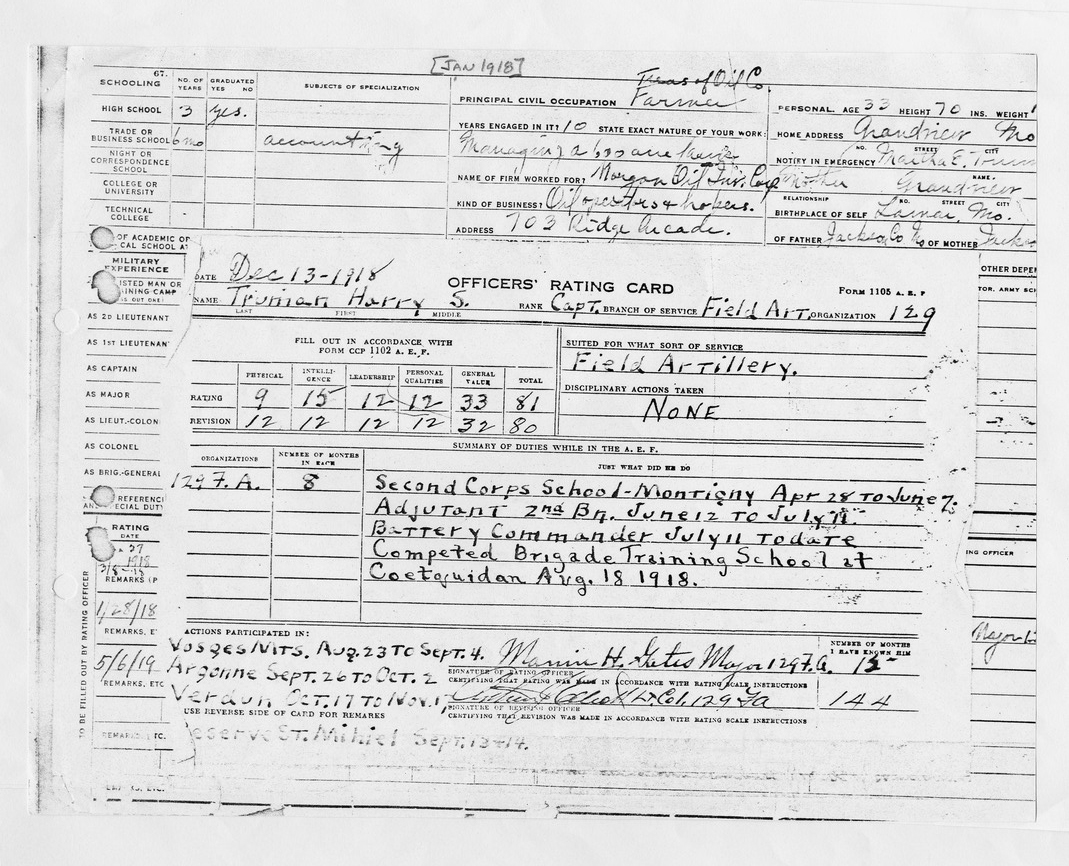 Officers' Rating Card for Captain Harry S. Truman
