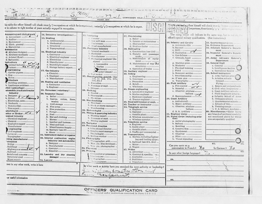 Officers' Rating Card for Captain Harry S. Truman