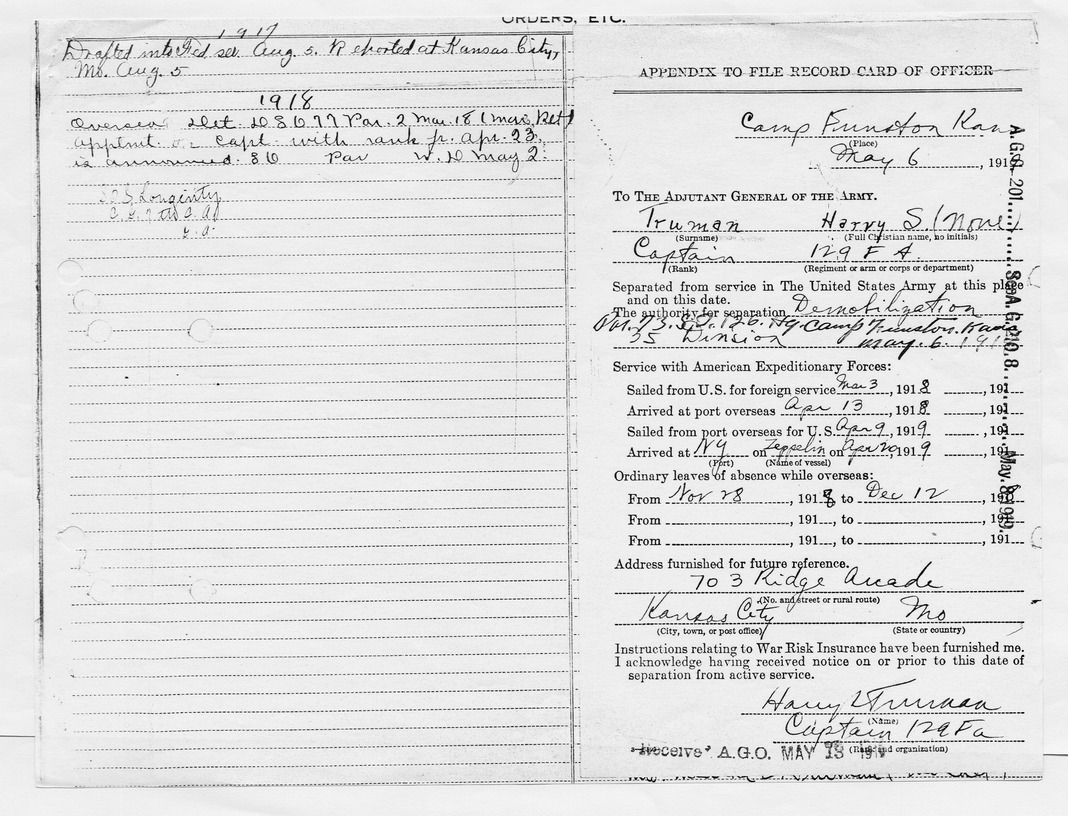 Appendix to File Record Card of Officer for Captain Harry S. Truman