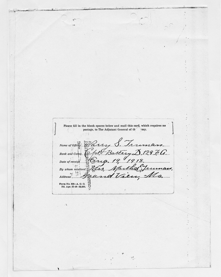 Registration Card for Captain Harry S. Truman (filled out by Martha Truman)