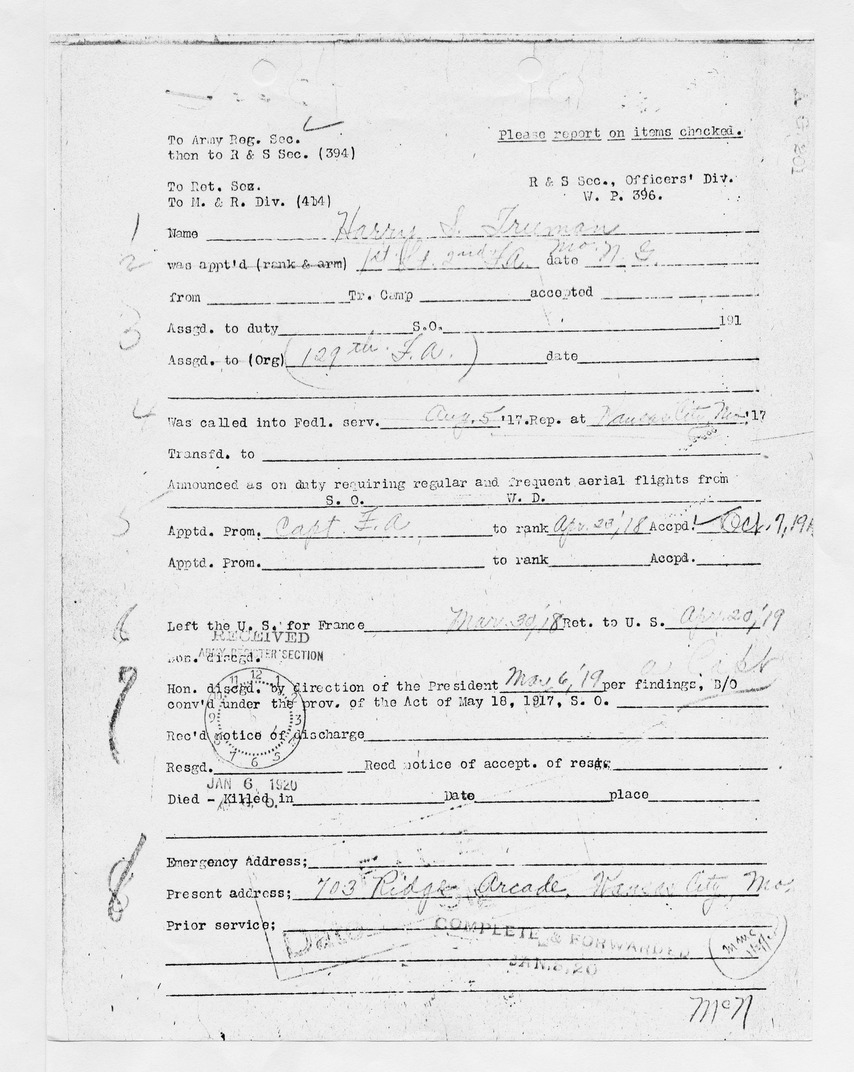 Personnel Information Sheet for Harry S. Truman