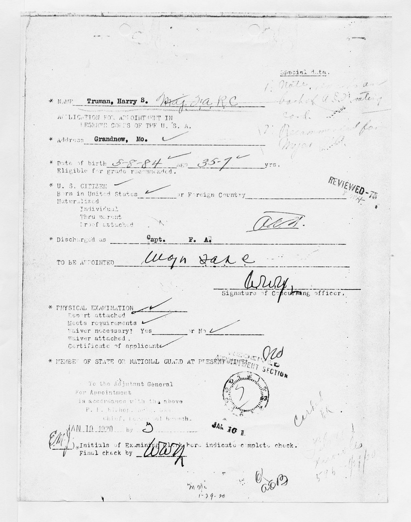 Application for Appointment in Reserve corps of the United States Army for Captain Harry S. Truman