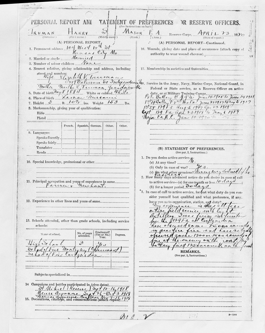 Personal Report and Statement of Preferences for Reserve Officers for Major Harry S. Truman