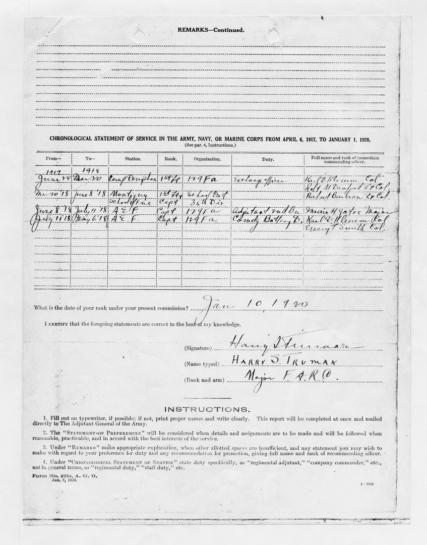 Personal Report and Statement of Preferences for Reserve Officers for Major Harry S. Truman